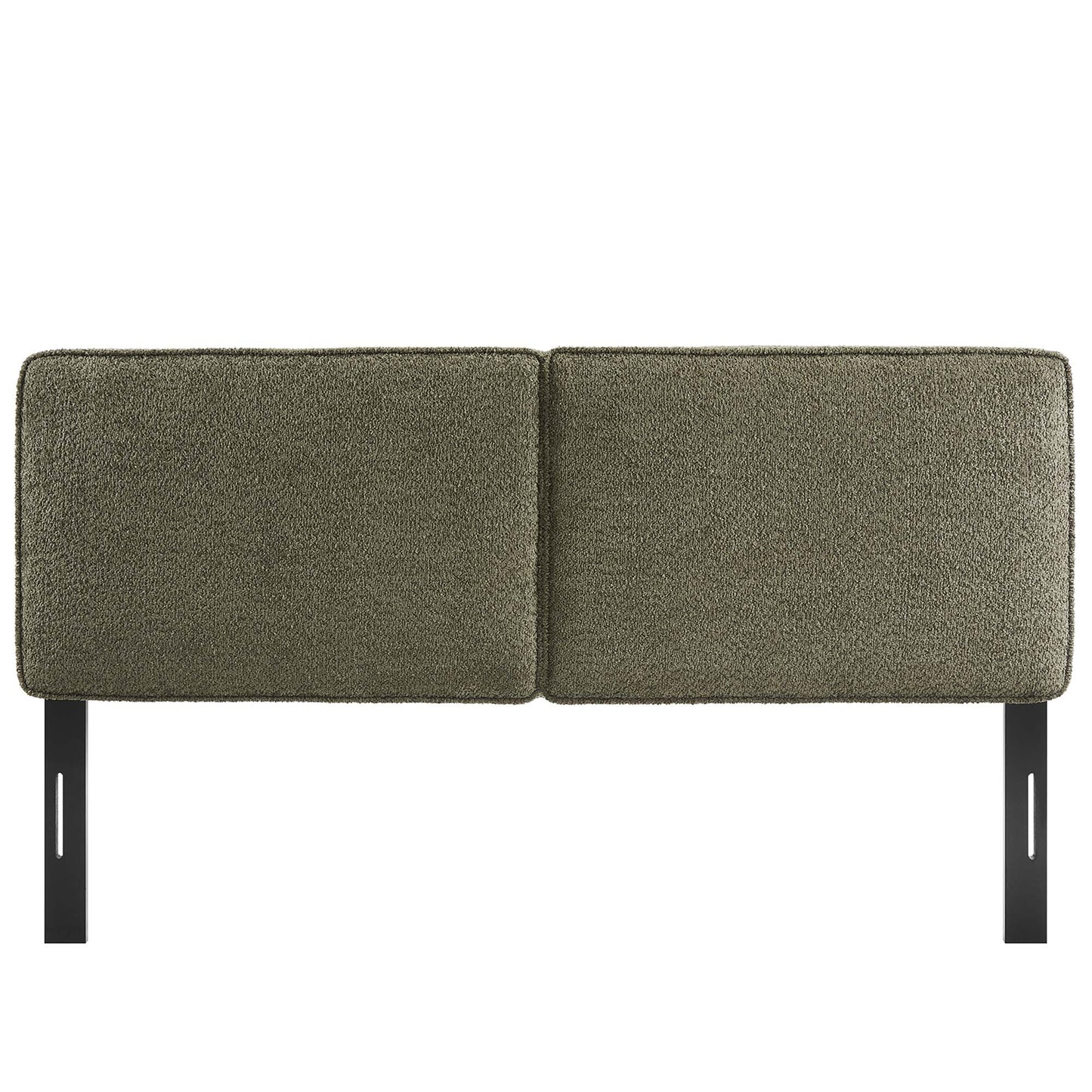 Green boucle fabric king headboard, upholstered rectangular bed panel.