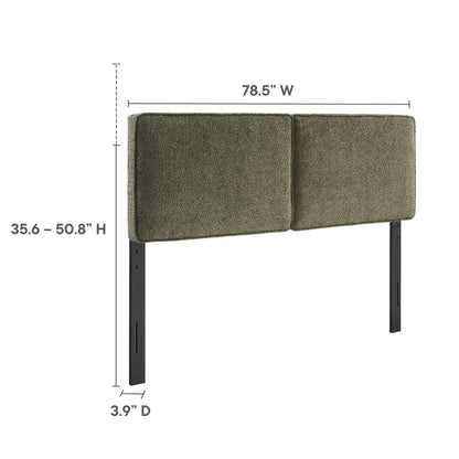 Freestanding olive-green upholstered king headboard with black metal legs; 78.5"W x 35.6-50.8"H x 3.9"D; modern bed backrest.