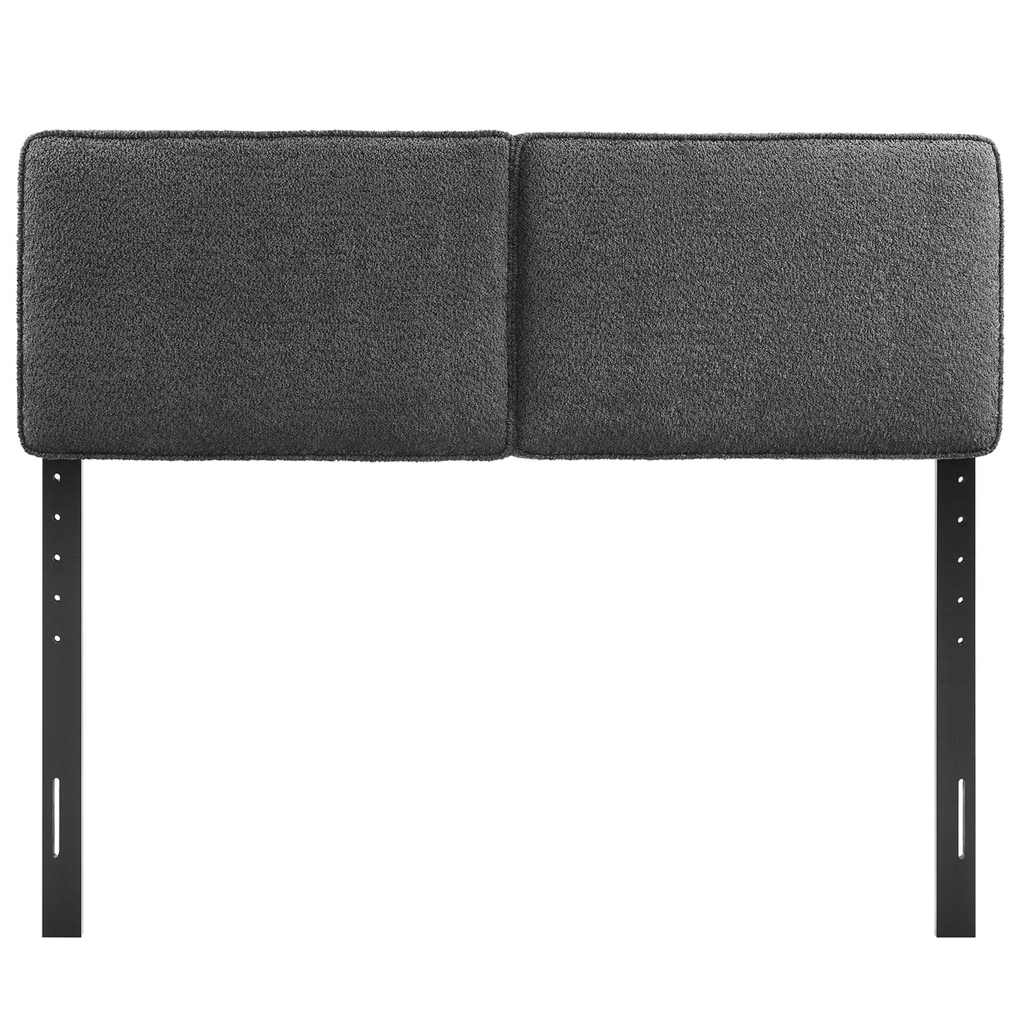 Two-panel dark gray boucle fabric padded headboard on black adjustable metal legs