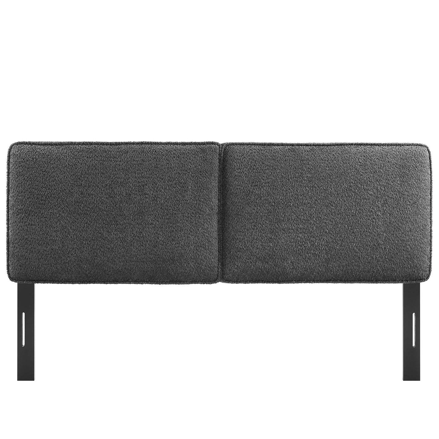 Charcoal gray boucle fabric king headboard.