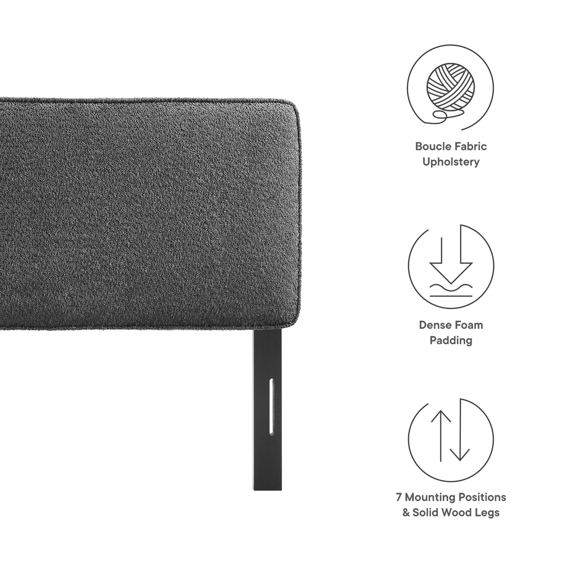 Dark gray boucle fabric king headboard with a padded upholstered panel.
