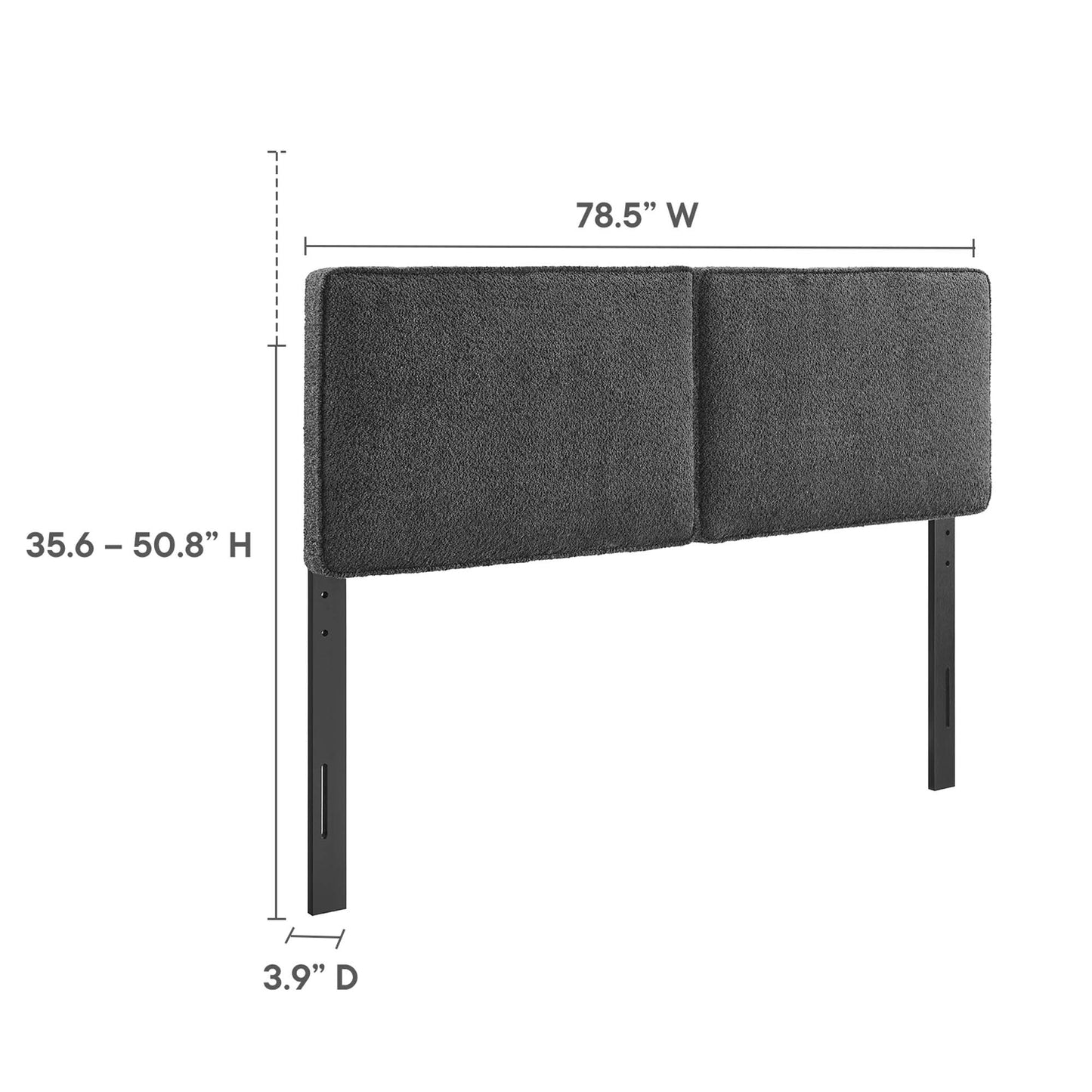 Gray upholstered double-panel headboard on black metal legs, adjustable height 35.6–50.8 in, 78.5 in wide, 3.9 in deep