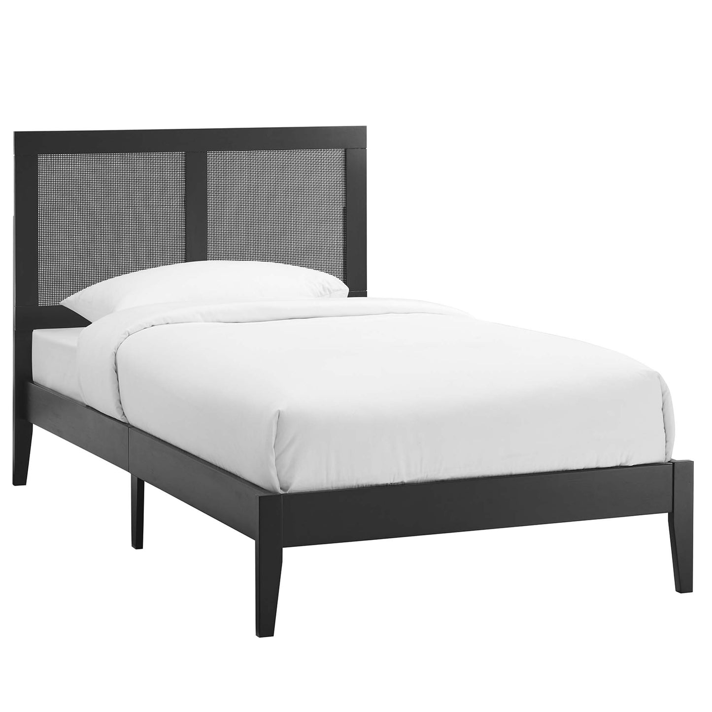 Black modern platform bed with a two-panel woven headboard and white bedding.
