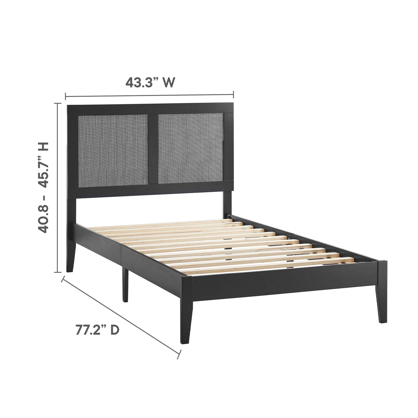 Black bed frame with upholstered gray fabric headboard panels, slatted platform, tapered legs; modern bedroom centerpiece.