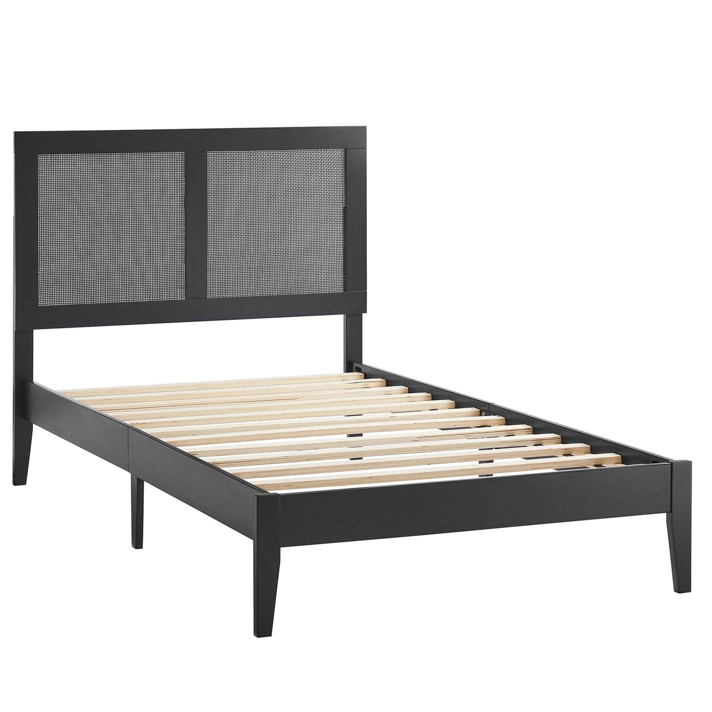 Black platform bed frame with a low-profile headboard featuring two rattan panels & wooden slat support.