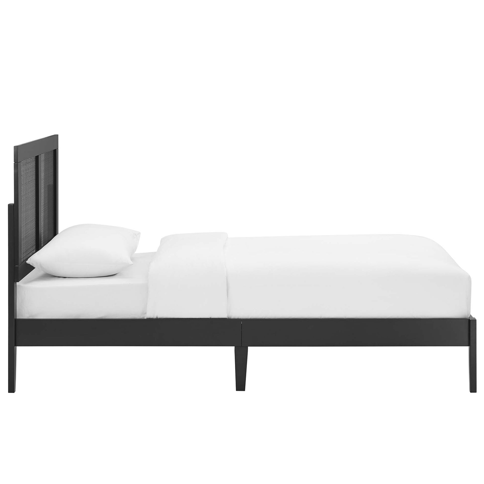 MOD-7152-BLK black wooden platform bed with tall paneled headboard, white bedding.