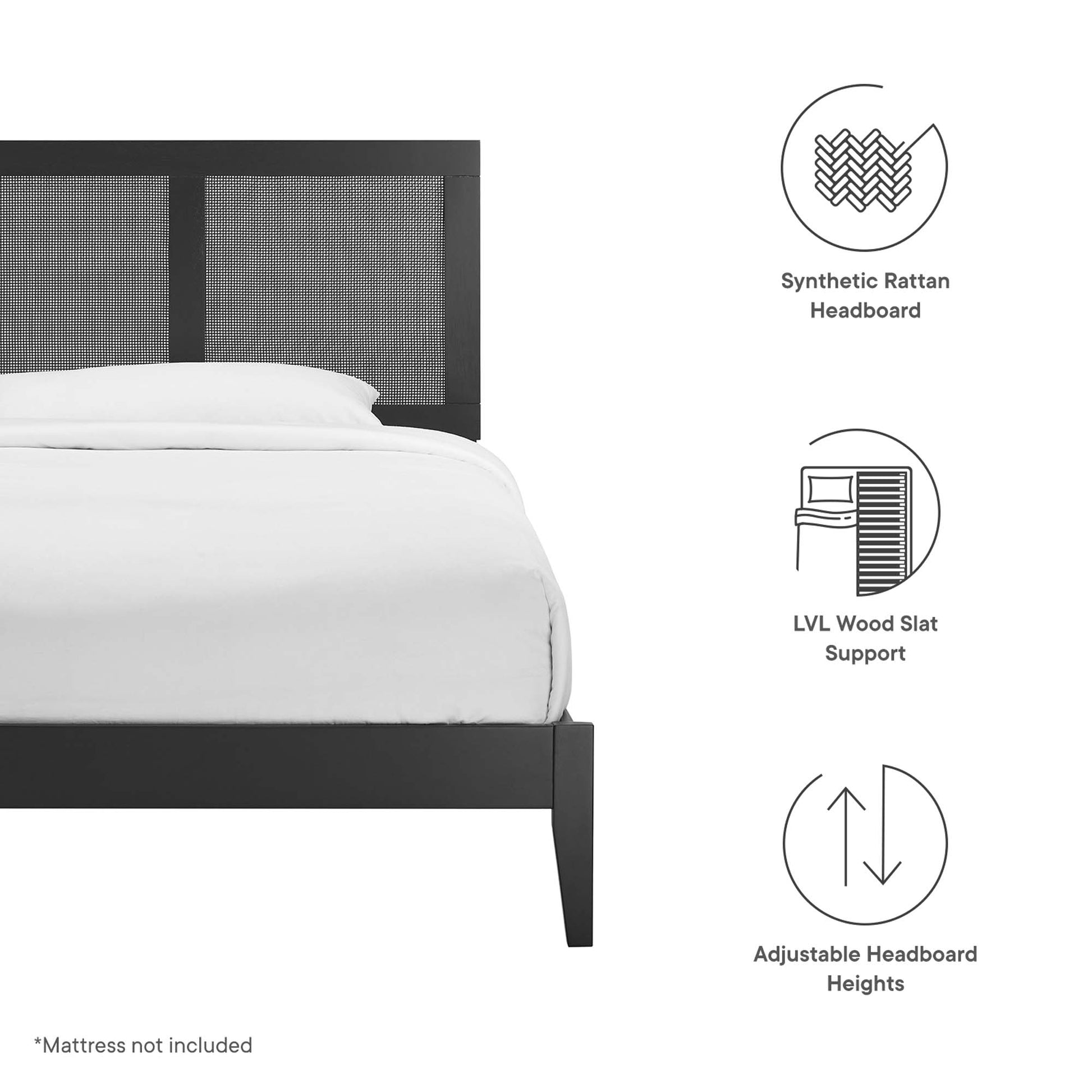 Black twin platform bed with headboard featuring synthetic rattan and LVL wood slat support.