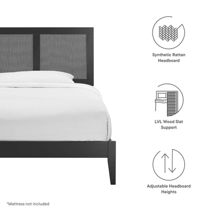 Black twin platform bed with headboard featuring synthetic rattan and LVL wood slat support.