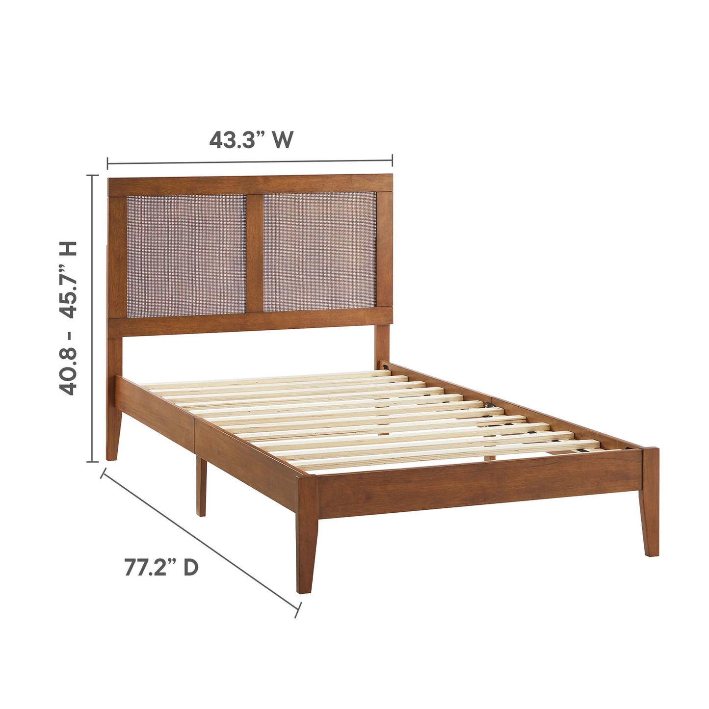 Walnut wood bed frame with paneled headboard and slatted foundation, 43.3W x 77.2D x 40.8-45.7H
