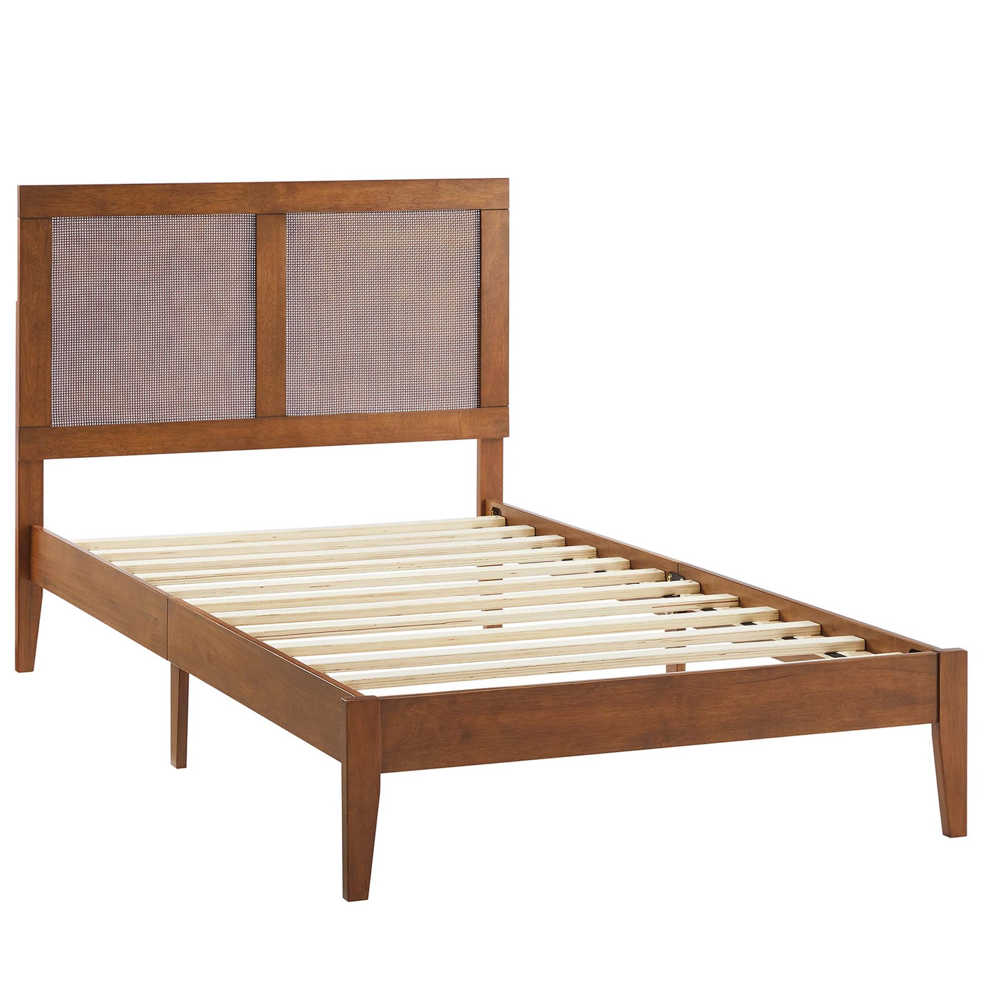 Walnut-finish wooden bed frame with a headboard featuring two woven rattan panels and a slatted base.
