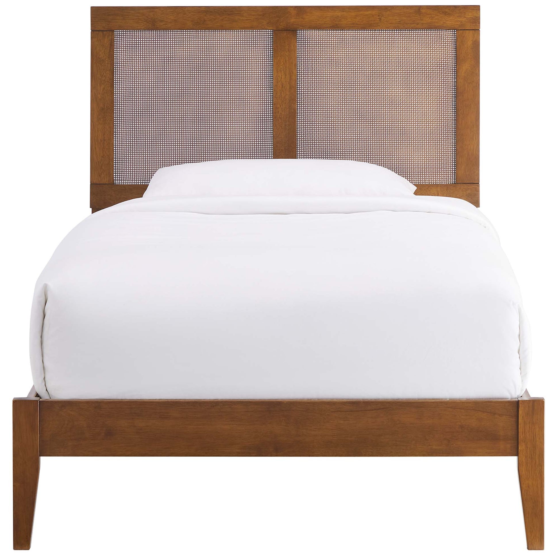 Walnut finish wooden bed with two cane-panel headboard sections, tapered legs, and white bedding.