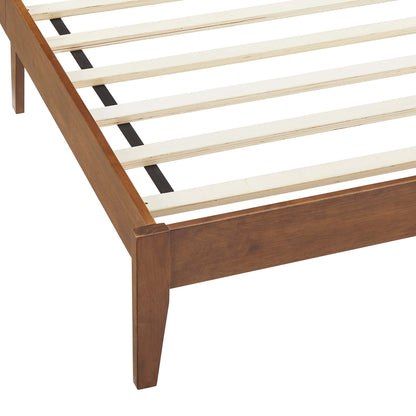 Walnut-finish wooden platform bed frame with light pine slats and straight legs.