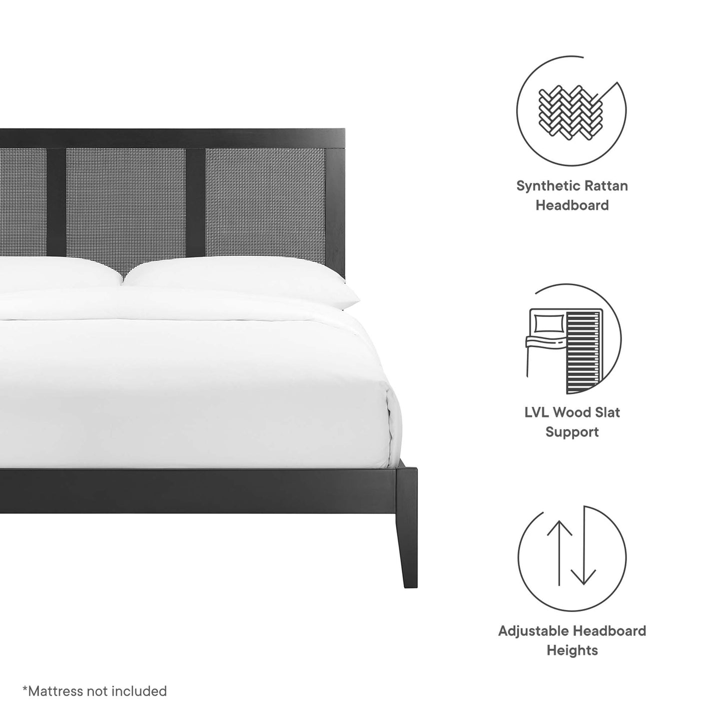 Black full platform bed with rattan and wood headboard, LVL wood slat support, and adjustable headboard heights.