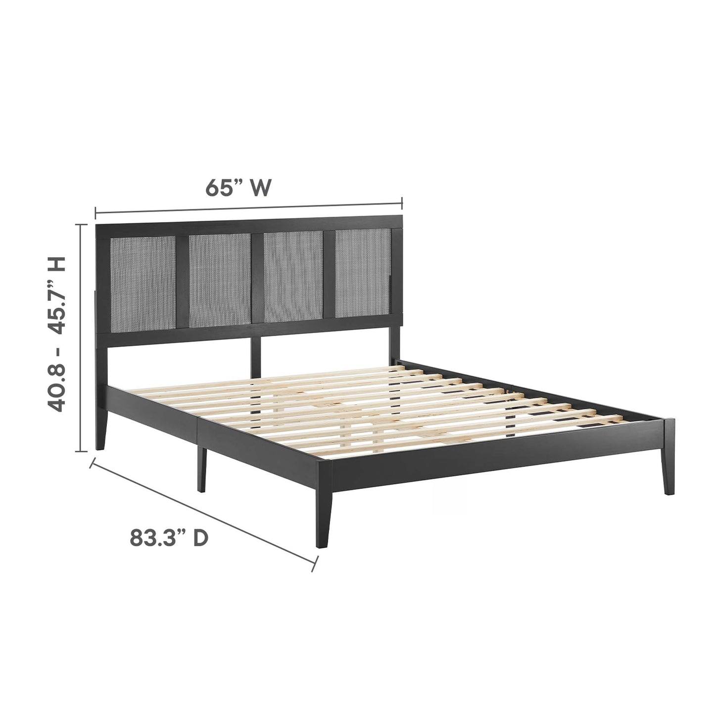 Black metal platform bed frame with wooden slats and paneled headboard; modern industrial style, fits queen mattress.