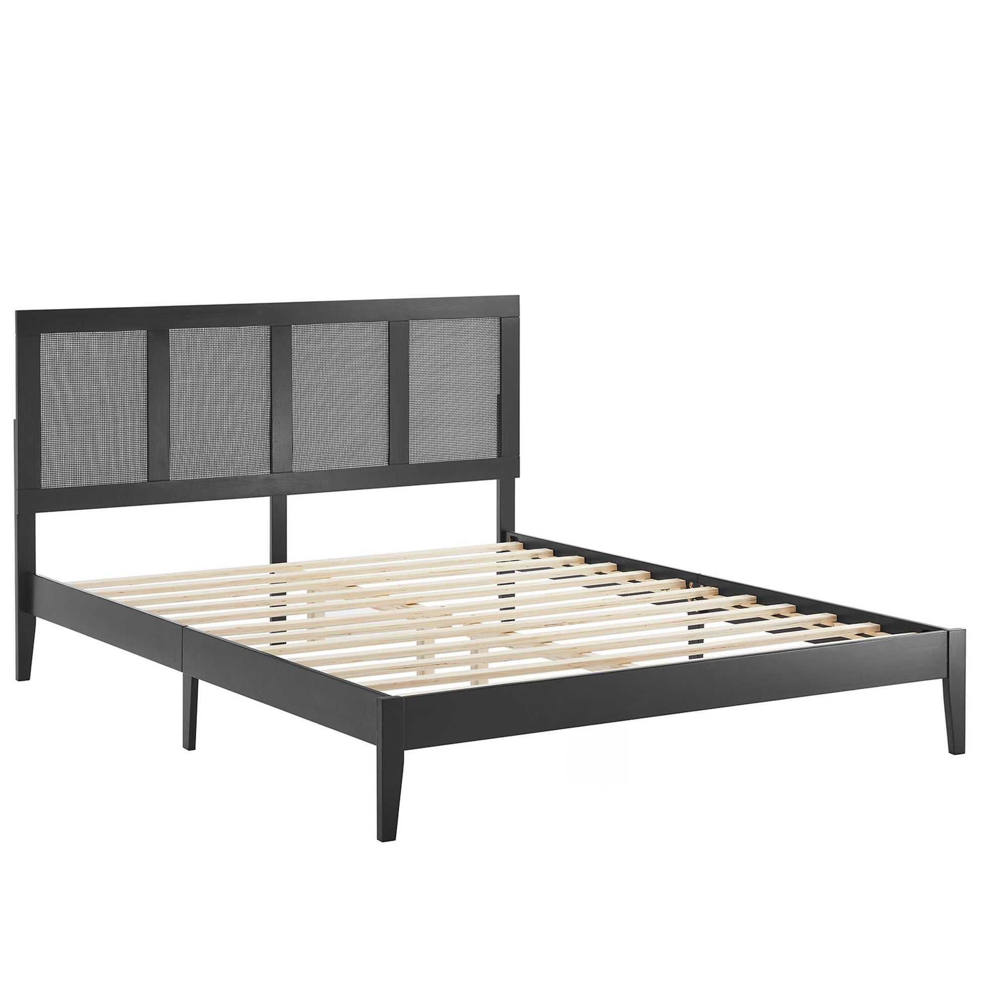 MOD-7154 black rattan and wood queen platform bed with panel headboard.