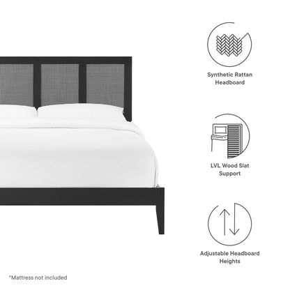 Black bed frame with grey synthetic rattan headboard, LVL wood slat support, and adjustable headboard heights.