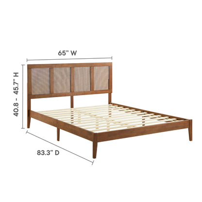 Brown rattan and wood queen platform bed with slatted base; 65W x 83.3D.