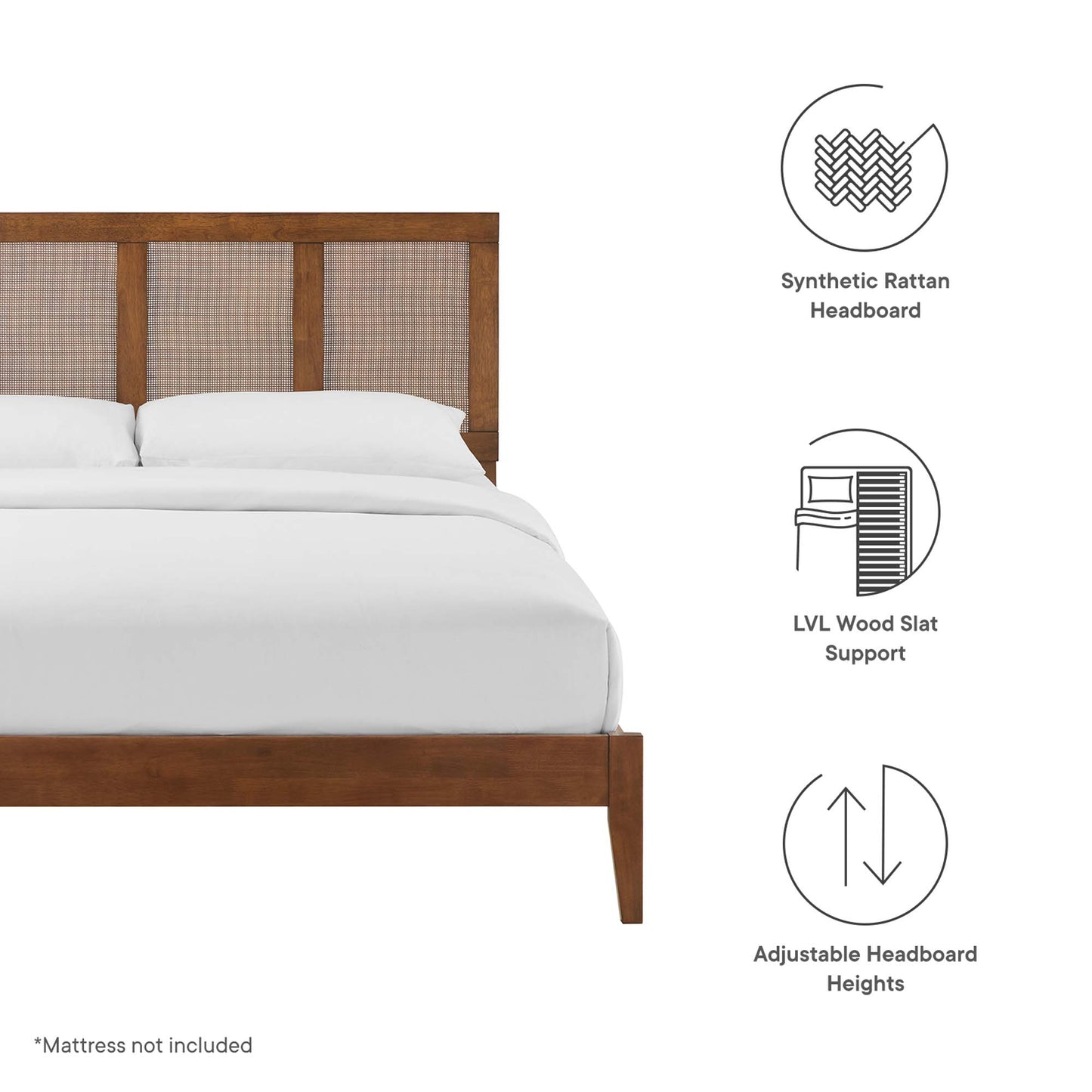 Walnut bed frame with three-panel synthetic rattan headboard, white bedding, LVL slat support, adjustable headboard heights