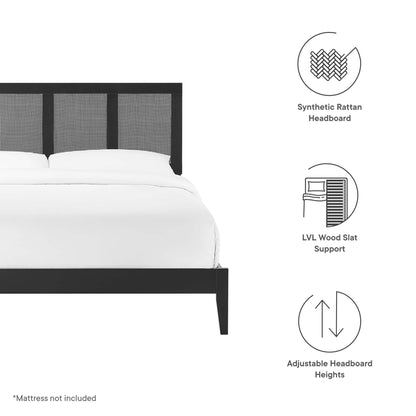 Black king platform bed with a three-panel rattan & wood headboard; minimalist design; LVL wood slat support.