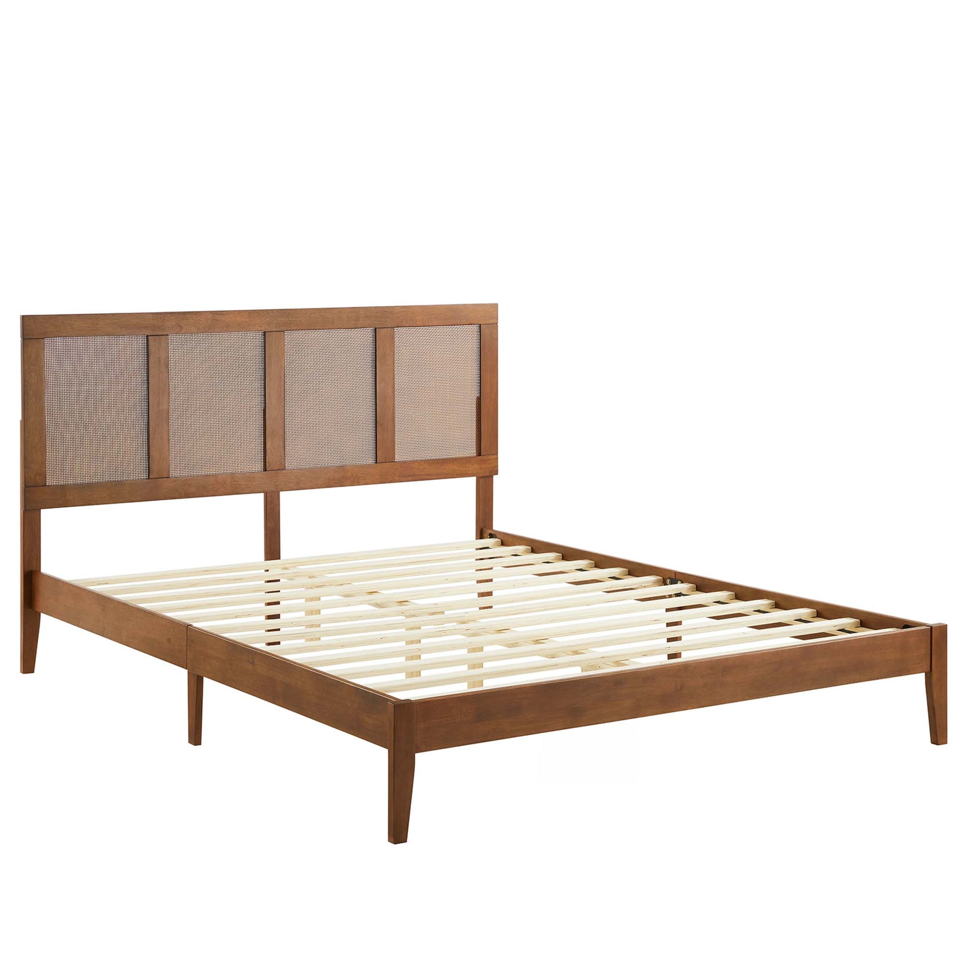 Walnut wood bed frame with three-panel woven headboard and slatted base, clean modern rustic style.