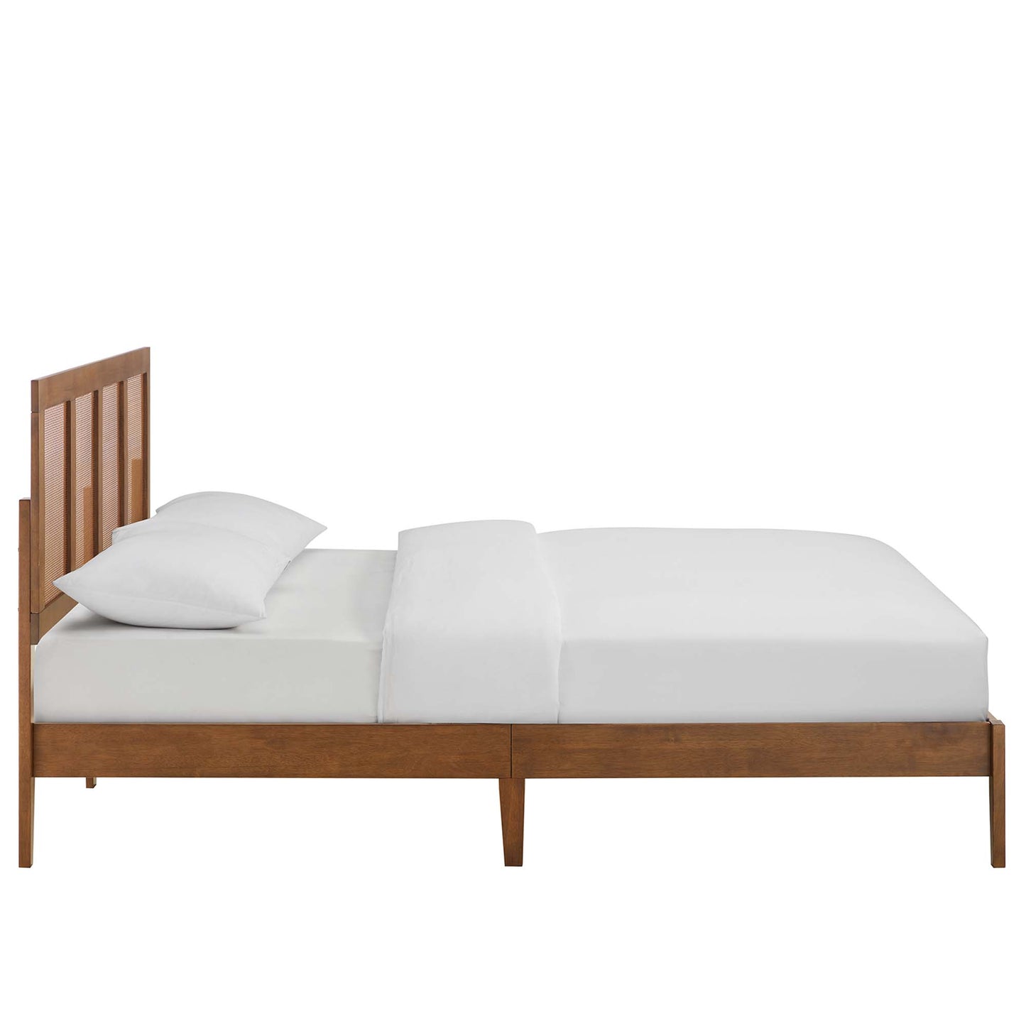 Walnut-finish wooden bed frame with slatted headboard and white bedding.