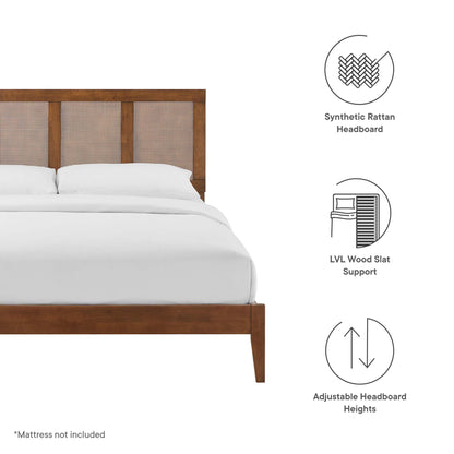 Walnut bed frame with a synthetic rattan headboard, white bedding, LVL slat support, and adjustable headboard heights.