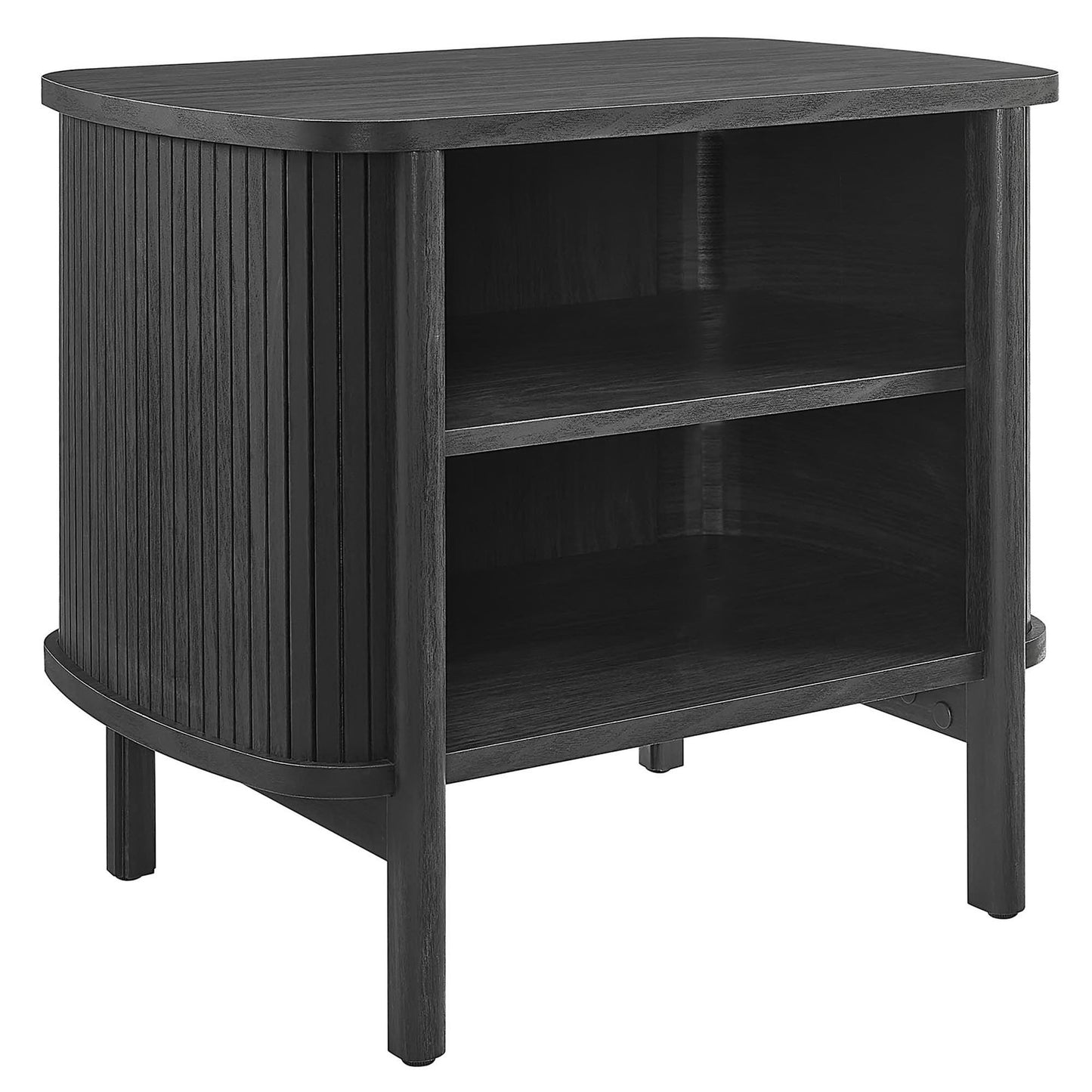 Black nightstand with curved slatted sides and two open shelves, mid-century modern design.