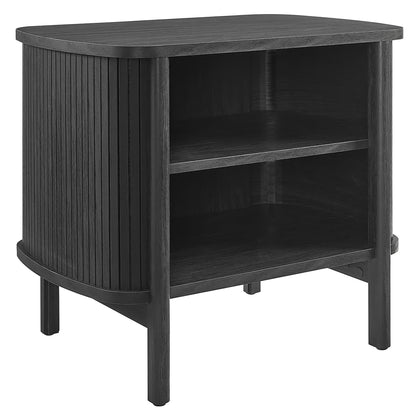 Black nightstand with curved slatted sides and two open shelves, mid-century modern design.