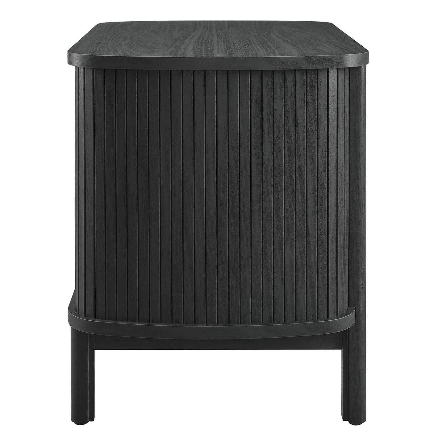 Black wood nightstand with vertical slats, rounded top and curved base; modern compact bedside or living-room accent.