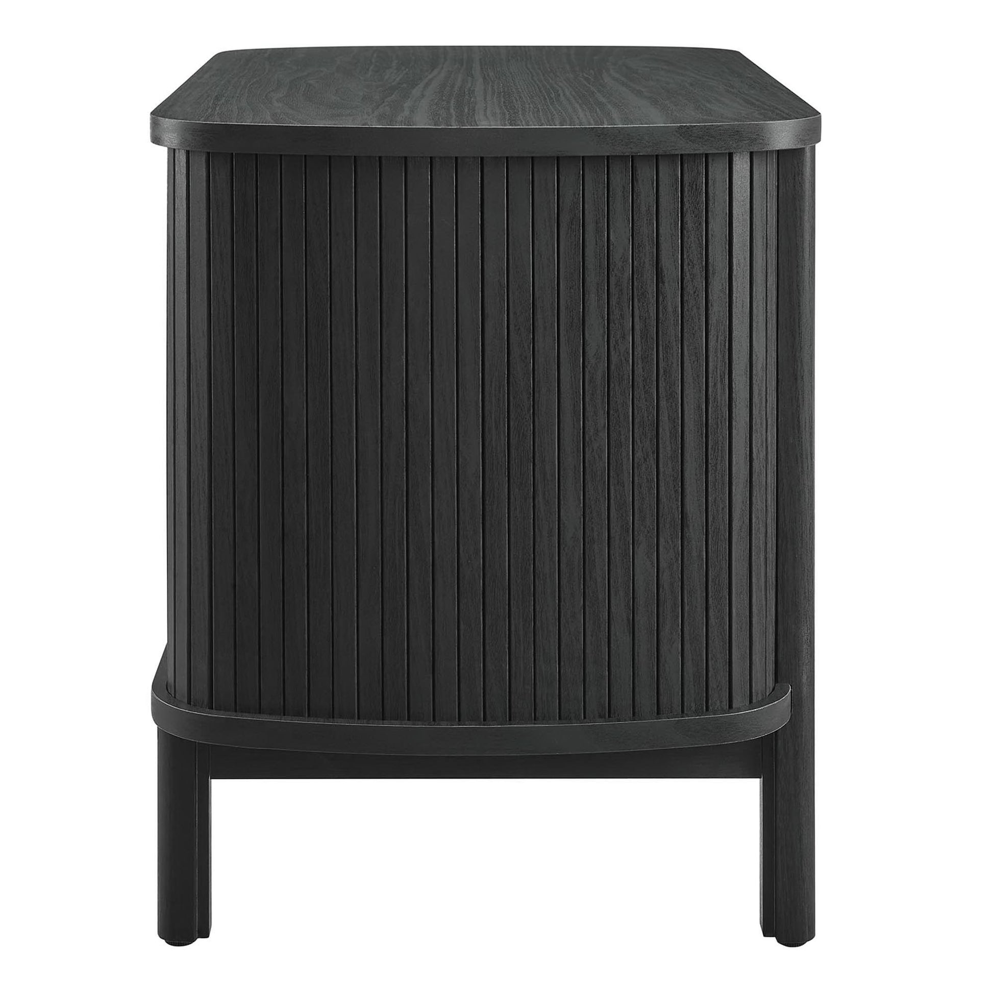 Black wood nightstand with vertical slats, rounded top and curved base; modern compact bedside or living-room accent.