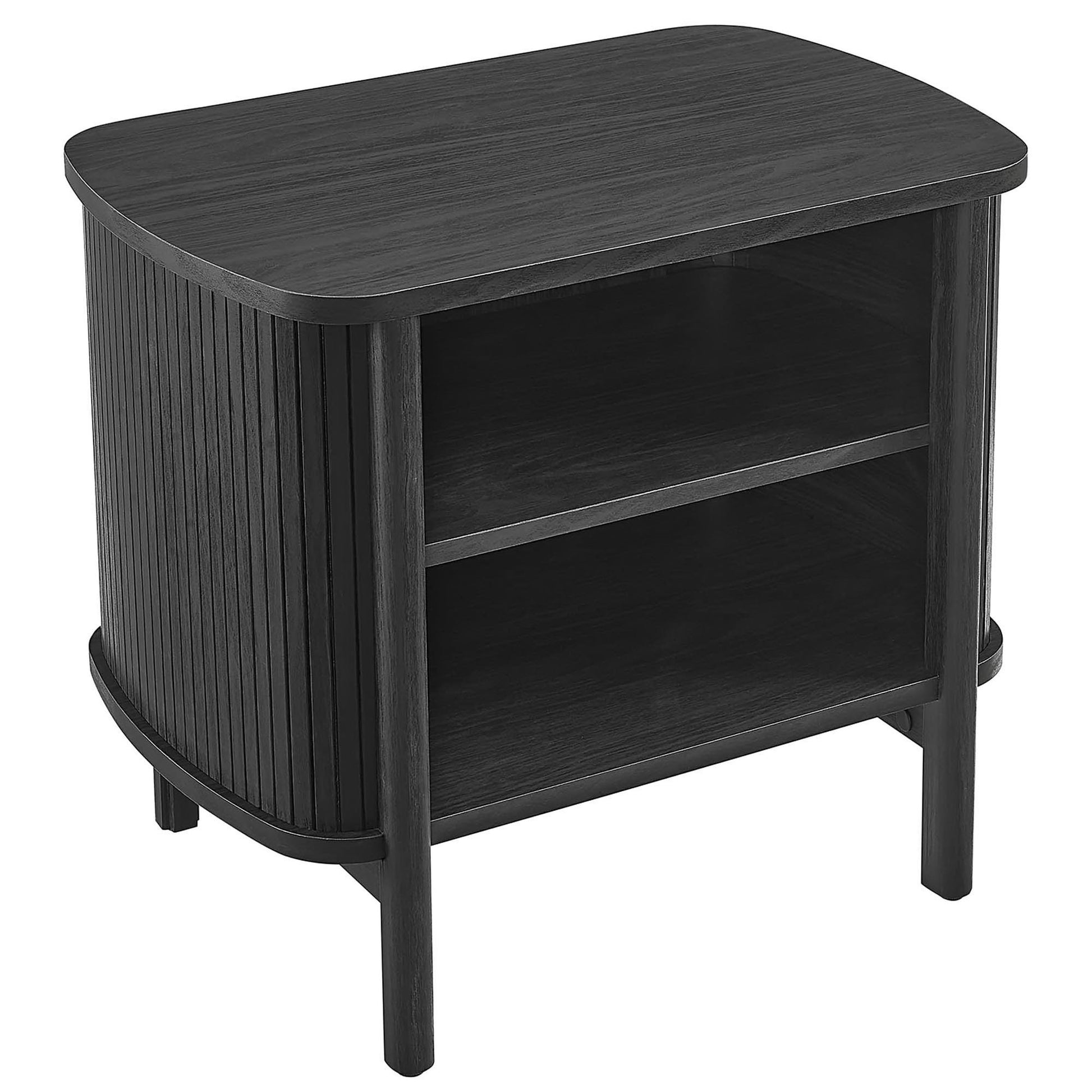 Black wood nightstand with rounded front, vertical slat sides, and two open shelves.