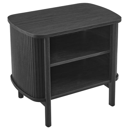 Black wood nightstand with rounded front, vertical slat sides, and two open shelves.