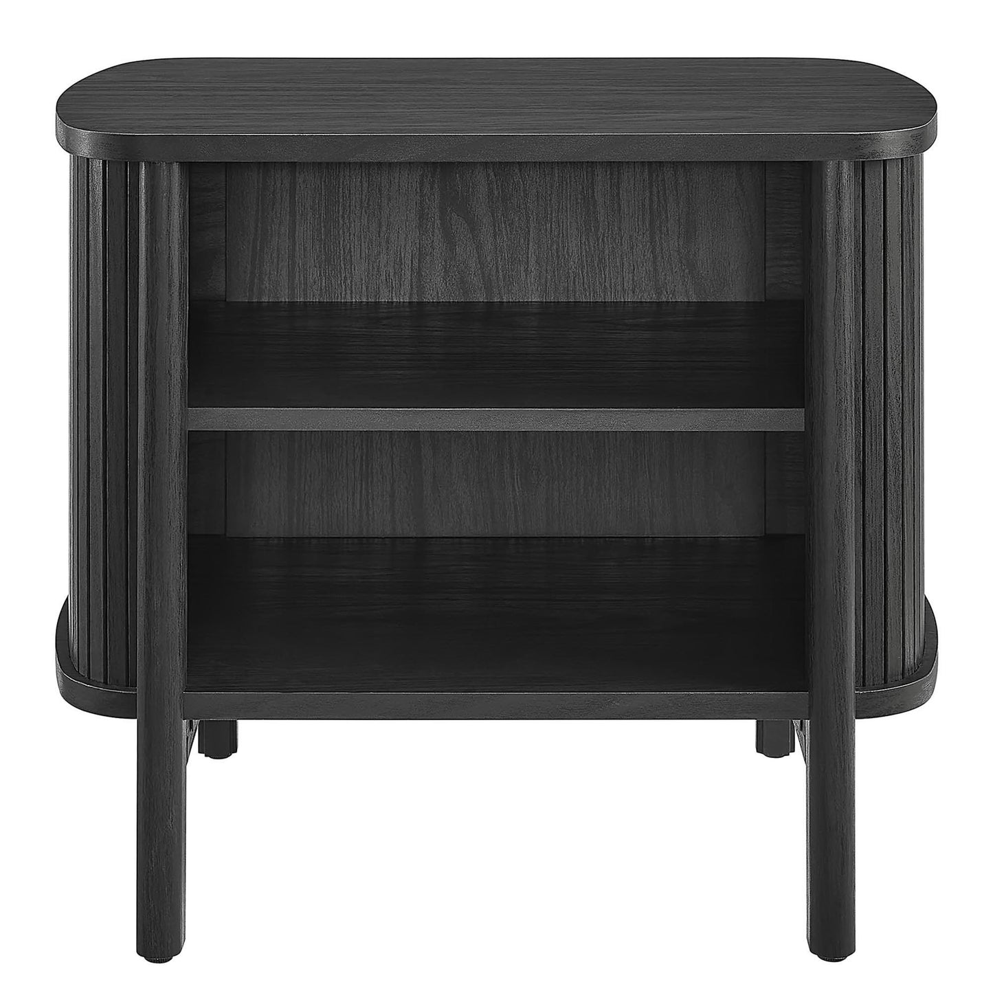 Black nightstand with rounded oval top, fluted sides, and two open shelves.