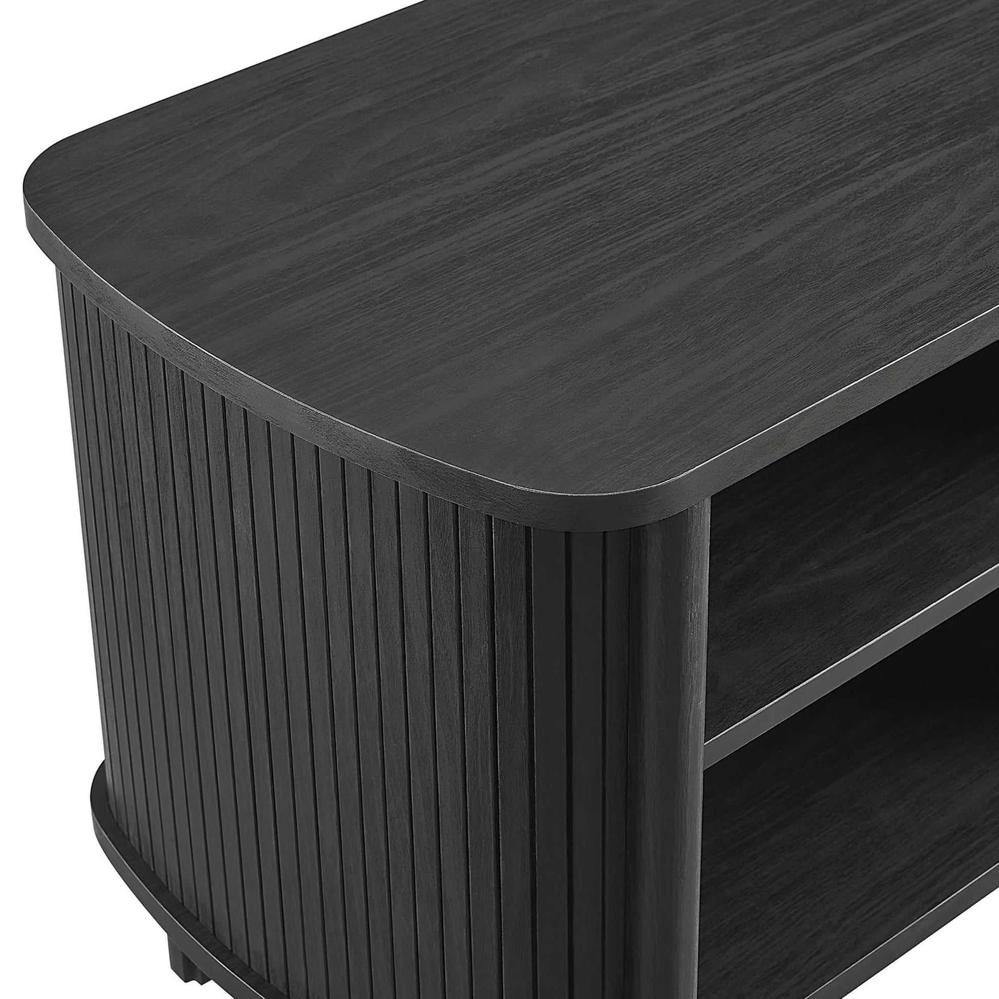 Black wood nightstand with rounded top edge, vertical slatted sides, and two open shelves.