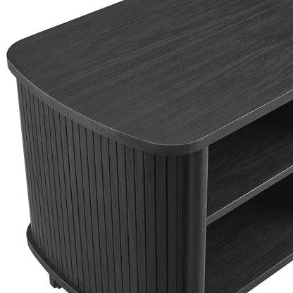 Black wood nightstand with rounded top edge, vertical slatted sides, and two open shelves.