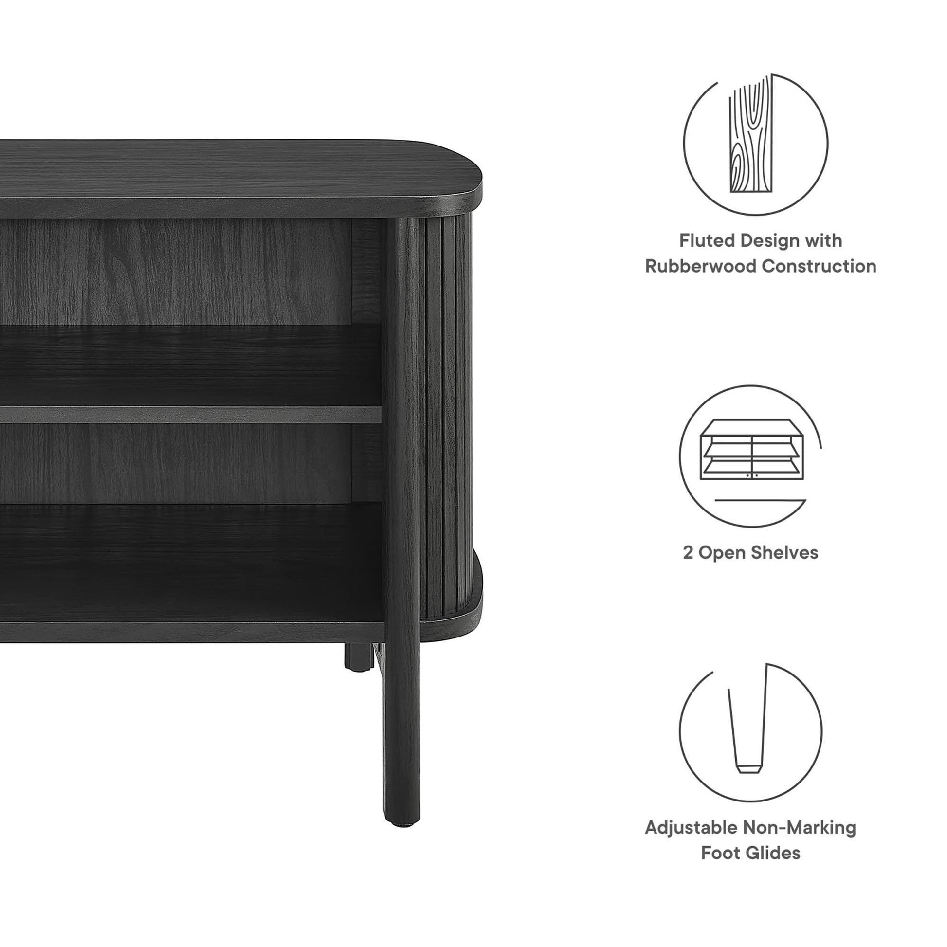 Black open nightstand with rounded top, two open shelves, fluted design, and adjustable non-marking foot glides.