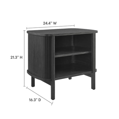 MOD-7157-BLK: black wood nightstand with slatted curved sides, rounded top, two open shelves and raised legs