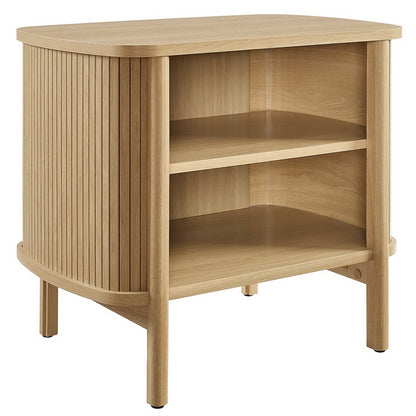 Oak nightstand with curved slatted sides, rounded top, two open shelves and four legs.