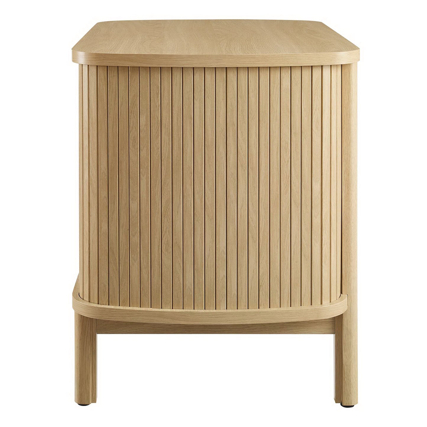 Oak-finished open nightstand with a curved front, vertical slats and rounded edges, mid-century modern bedside storage.