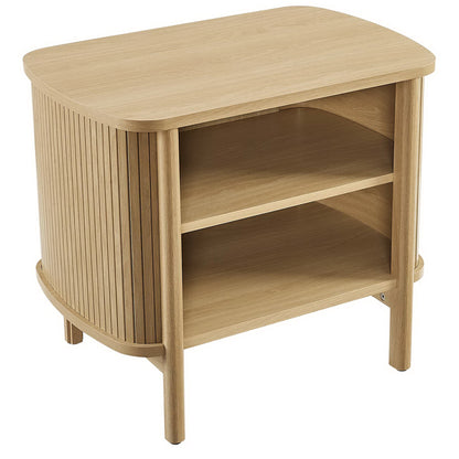 Oak wood nightstand with rounded, slatted sides and two open shelves.