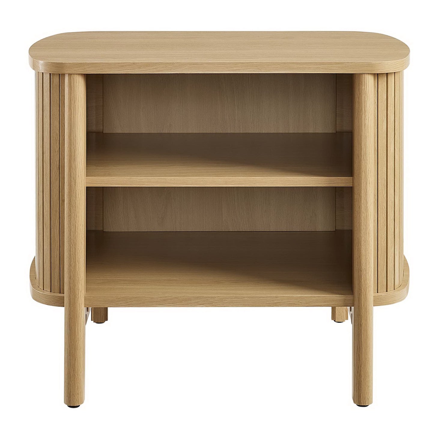 Natural oak nightstand with rounded top, open front, two interior shelves, and vertical slat sides.