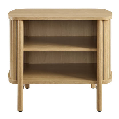 Natural oak nightstand with rounded top, open front, two interior shelves, and vertical slat sides.
