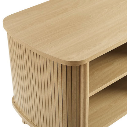 Oak wood nightstand with rounded front, vertical slat sides and two open shelves.