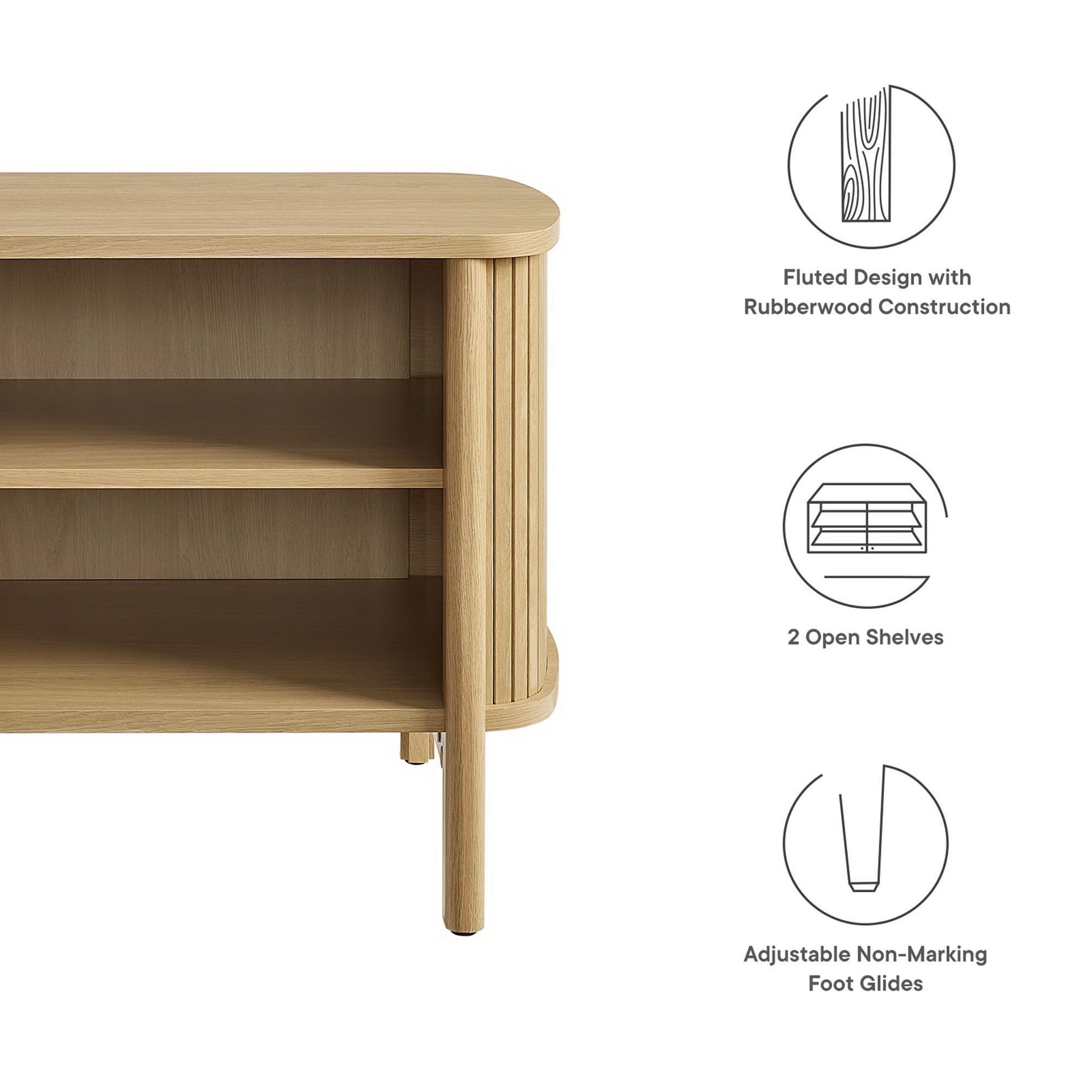 Oak wood nightstand with rounded edges, two open shelves & slender legs, light natural finish.