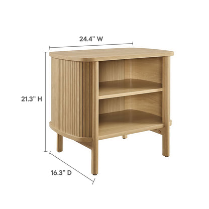 Oak wood open nightstand with slatted curved sides, two open shelves, top surface; dimensions 24.4W x 21.3H x 16.3D.