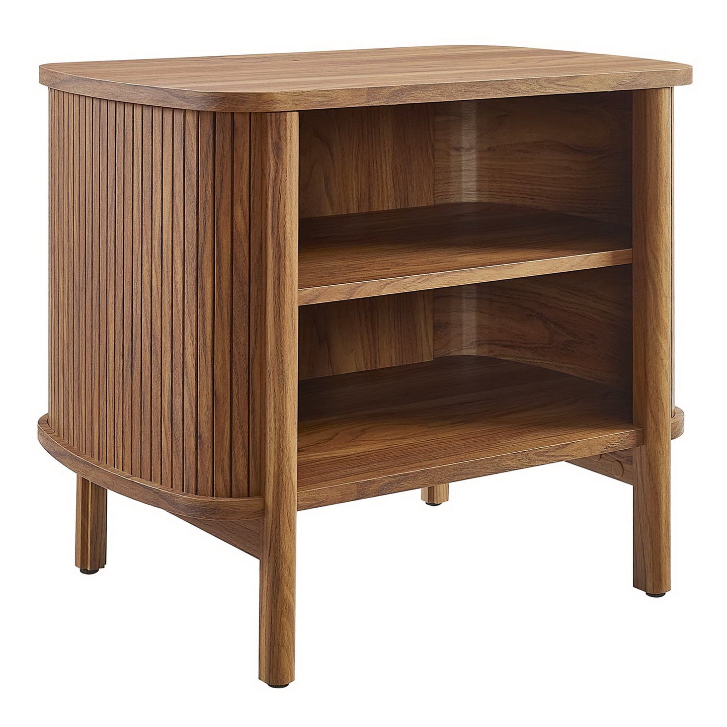 Walnut wood nightstand with curved front, slatted sides and two open shelves.
