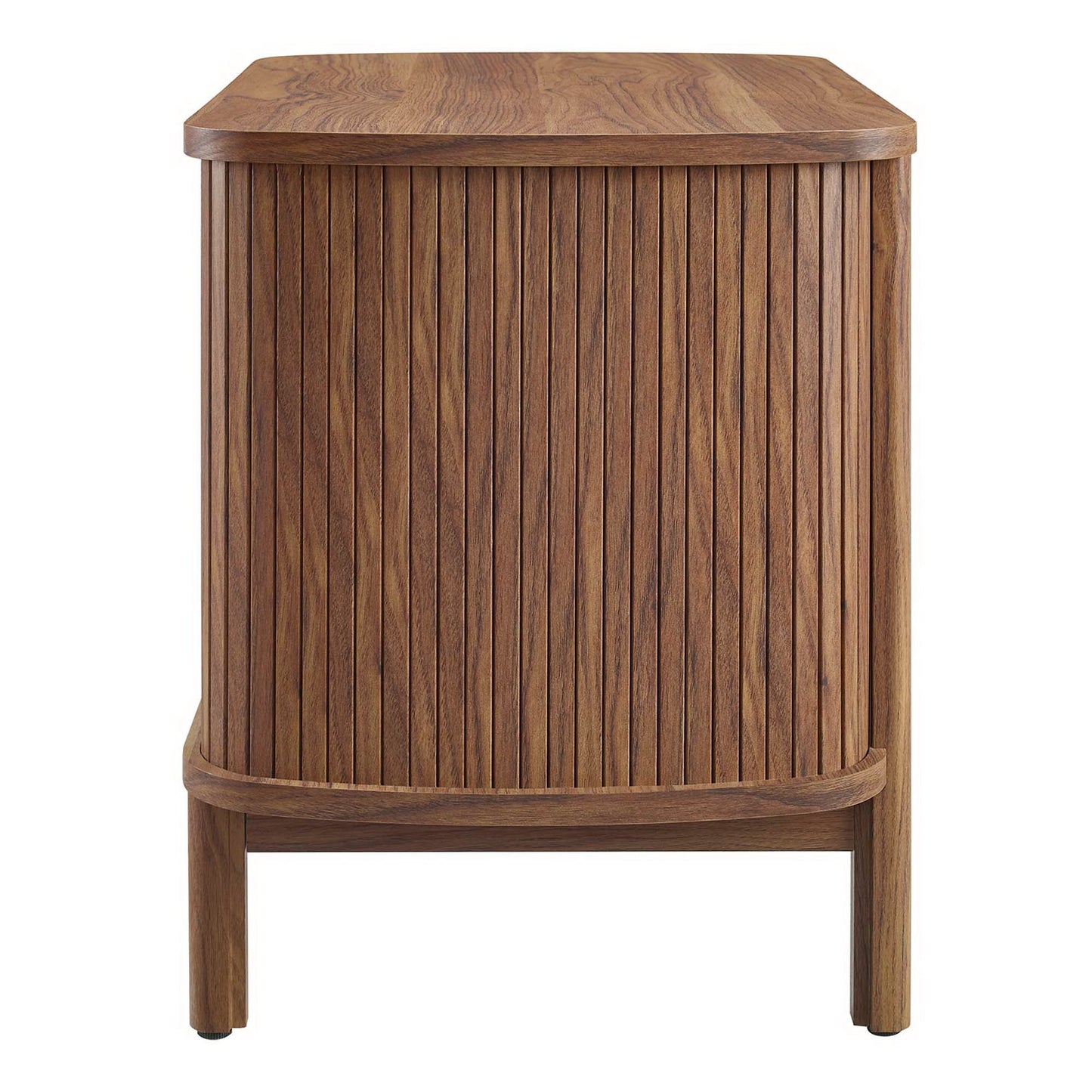 Walnut-finish curved nightstand with vertical slats on front, square top, short legs; mid-century modern.