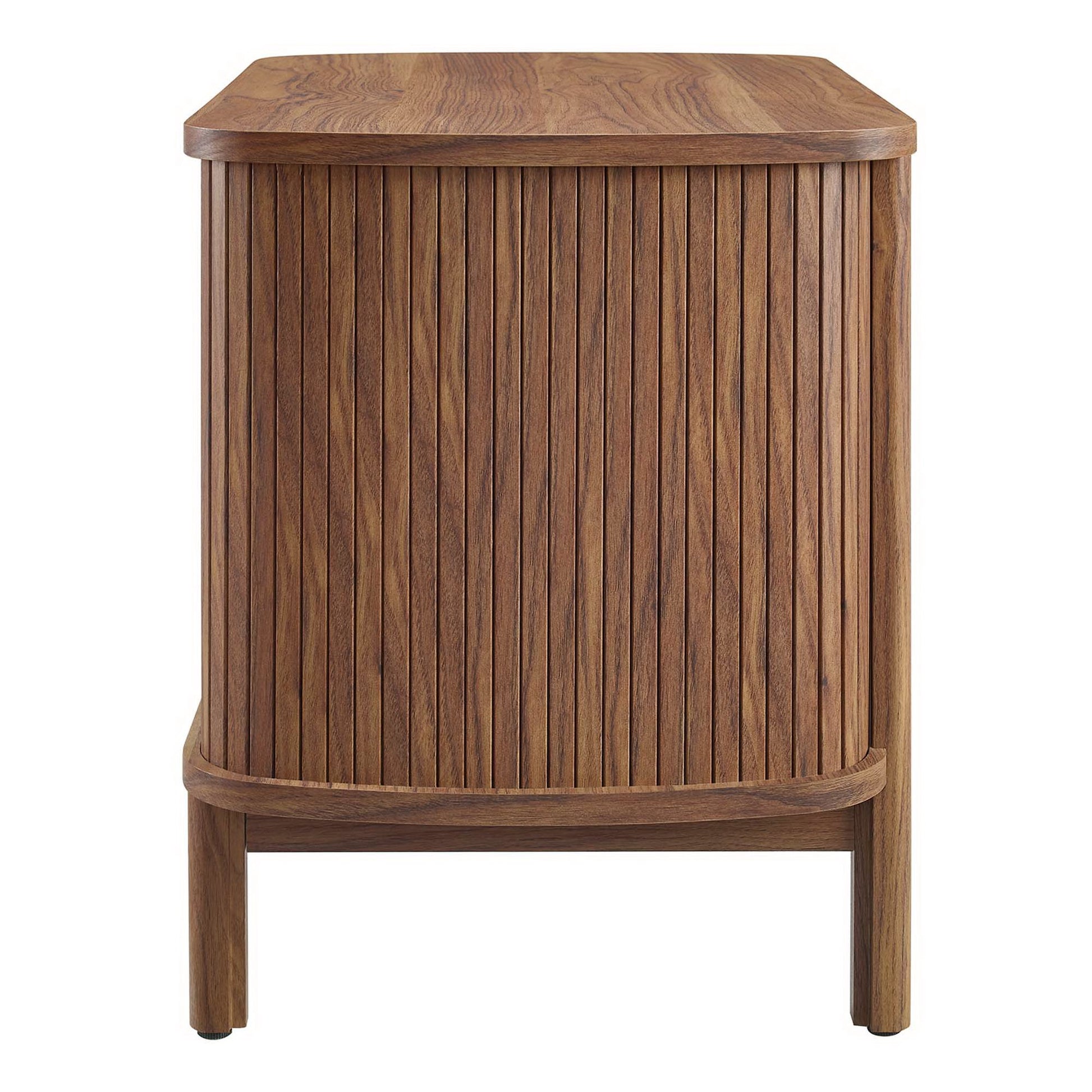 Walnut-finish curved nightstand with vertical slats on front, square top, short legs; mid-century modern.