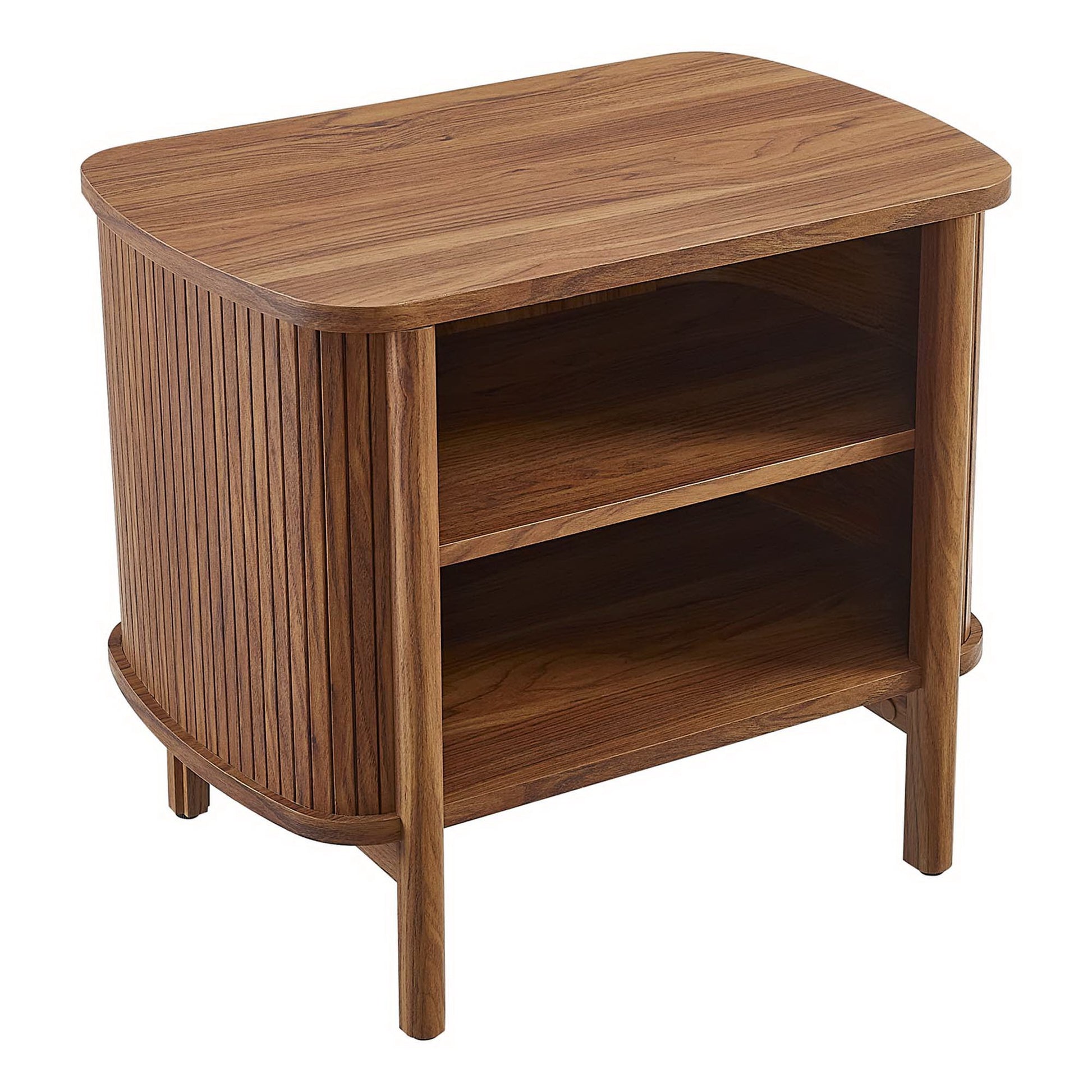 Walnut wood nightstand with curved slatted sides and two open shelves in mid-century style.