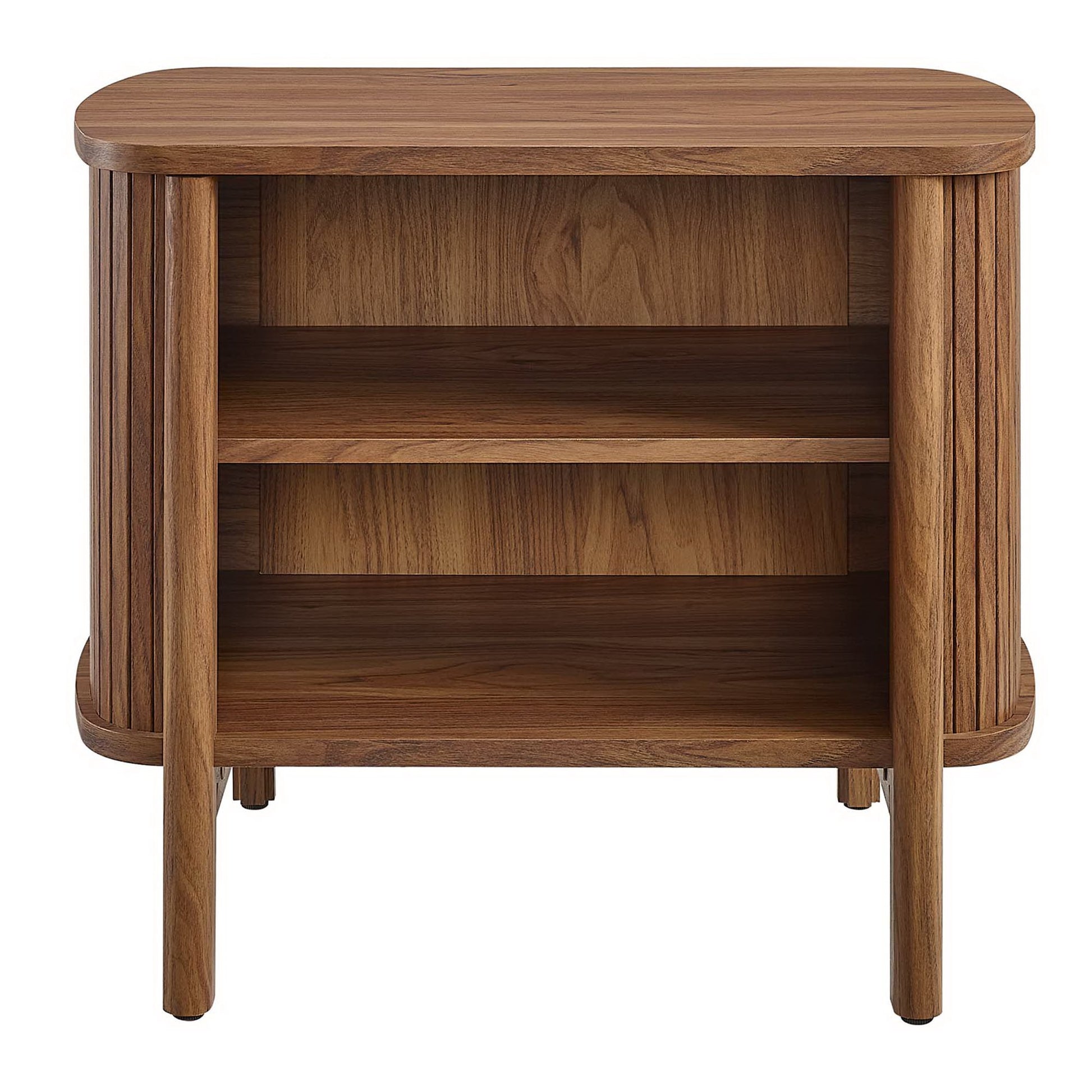 Walnut-finish wooden nightstand with rounded edges and two interior shelves for bedroom storage.